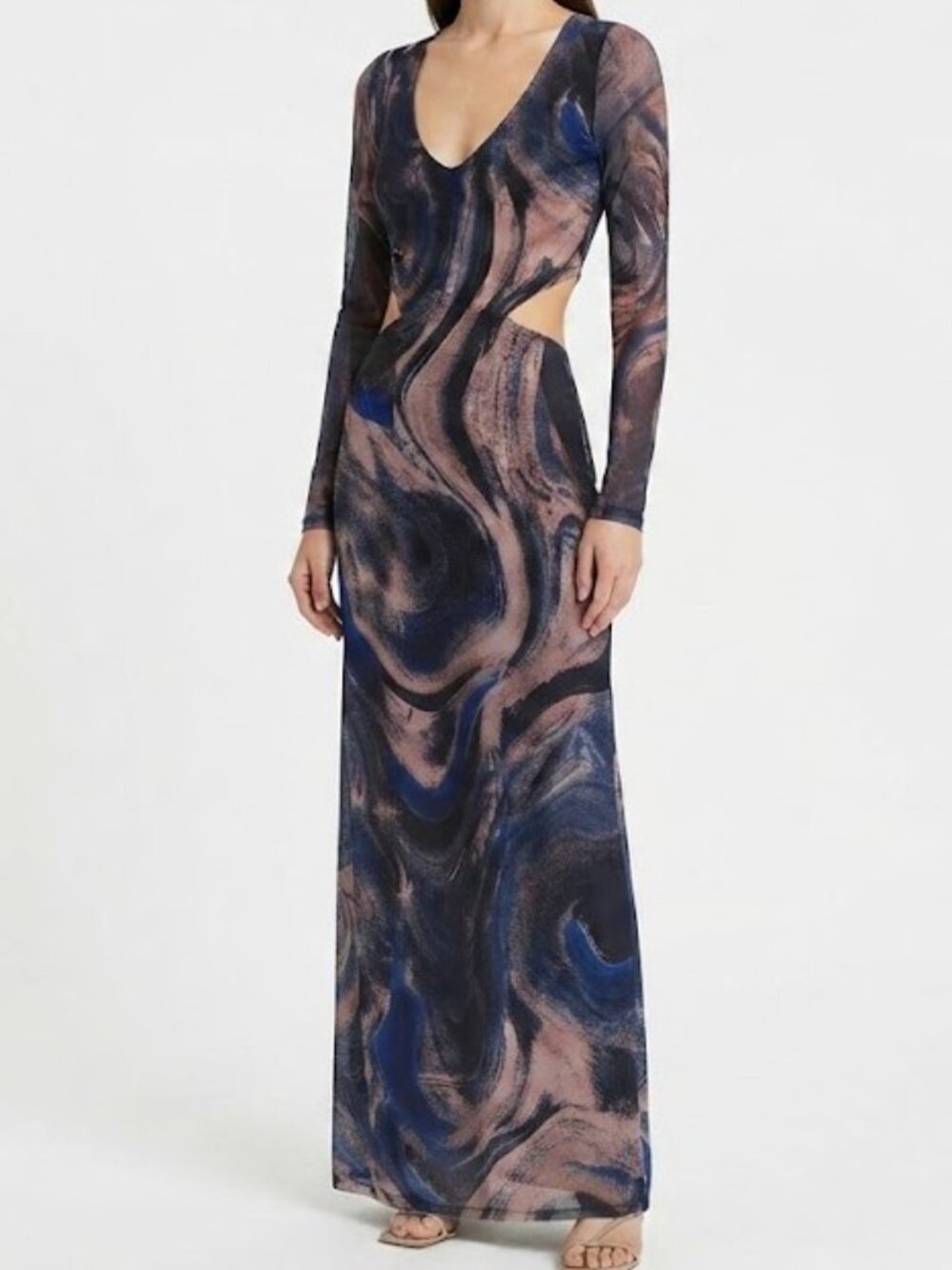 Blue and Pink Marble Cutout Long Sleeve Maxi Dress